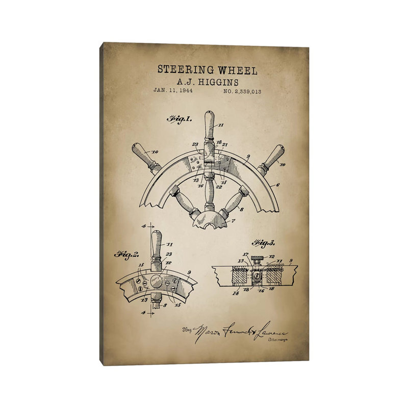Nautical, Steering Wheel by PatentPrintStore - Wrapped Canvas Print, 20.32 cm H x 30.48 cm W