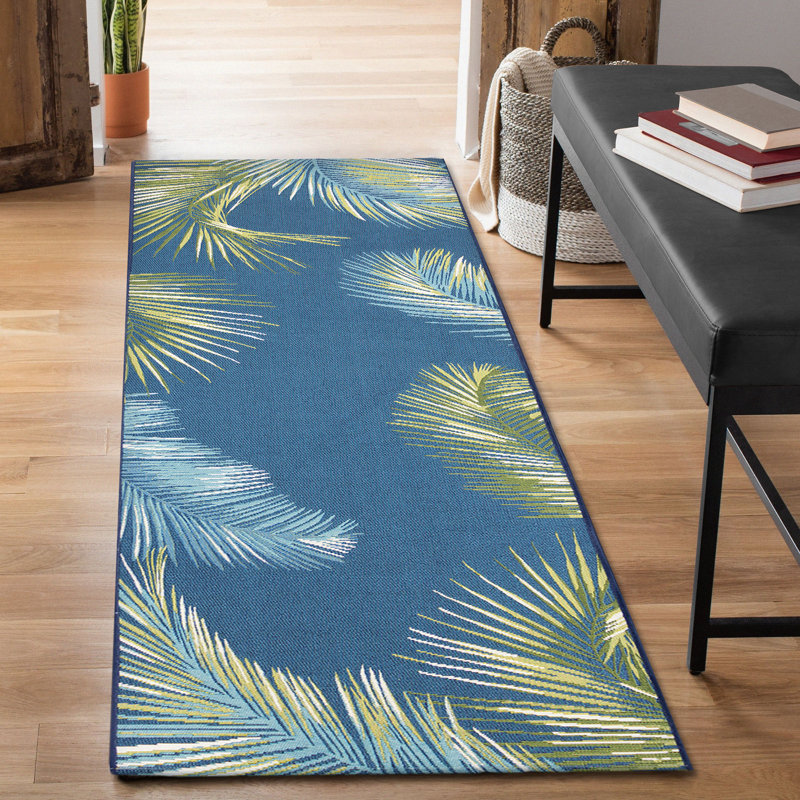 Tapis intérieur / extérieur bleu marine / vert Shira, Tapis de couloir 1 pi 11 po x 7 pi 6 po