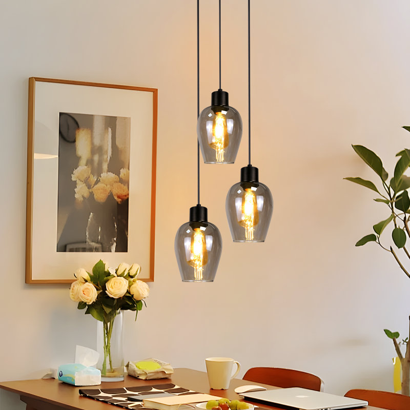 3‑Light Smoked Grey Glass Kitchen Island Pendant