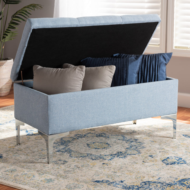 Polyester Upholstered Storage Bench, Light Blue