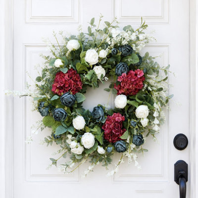Couronne de fleurs artificielles 26 po, printemps, été, eucalyptus, baies, hortensias, pivoines et fleurs pour porte d'entrée, décoration de fête de mariage pour la Saint-Valentin