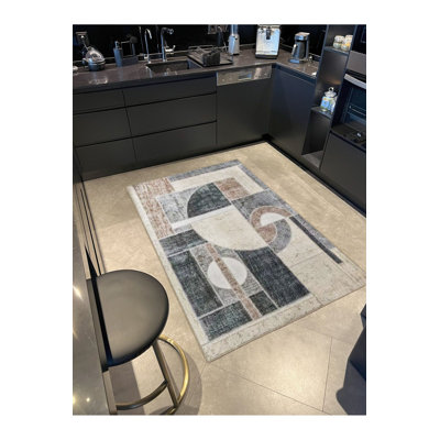 Tapis décoratif lavable à la machine moderne à motif géométrique abstrait beige