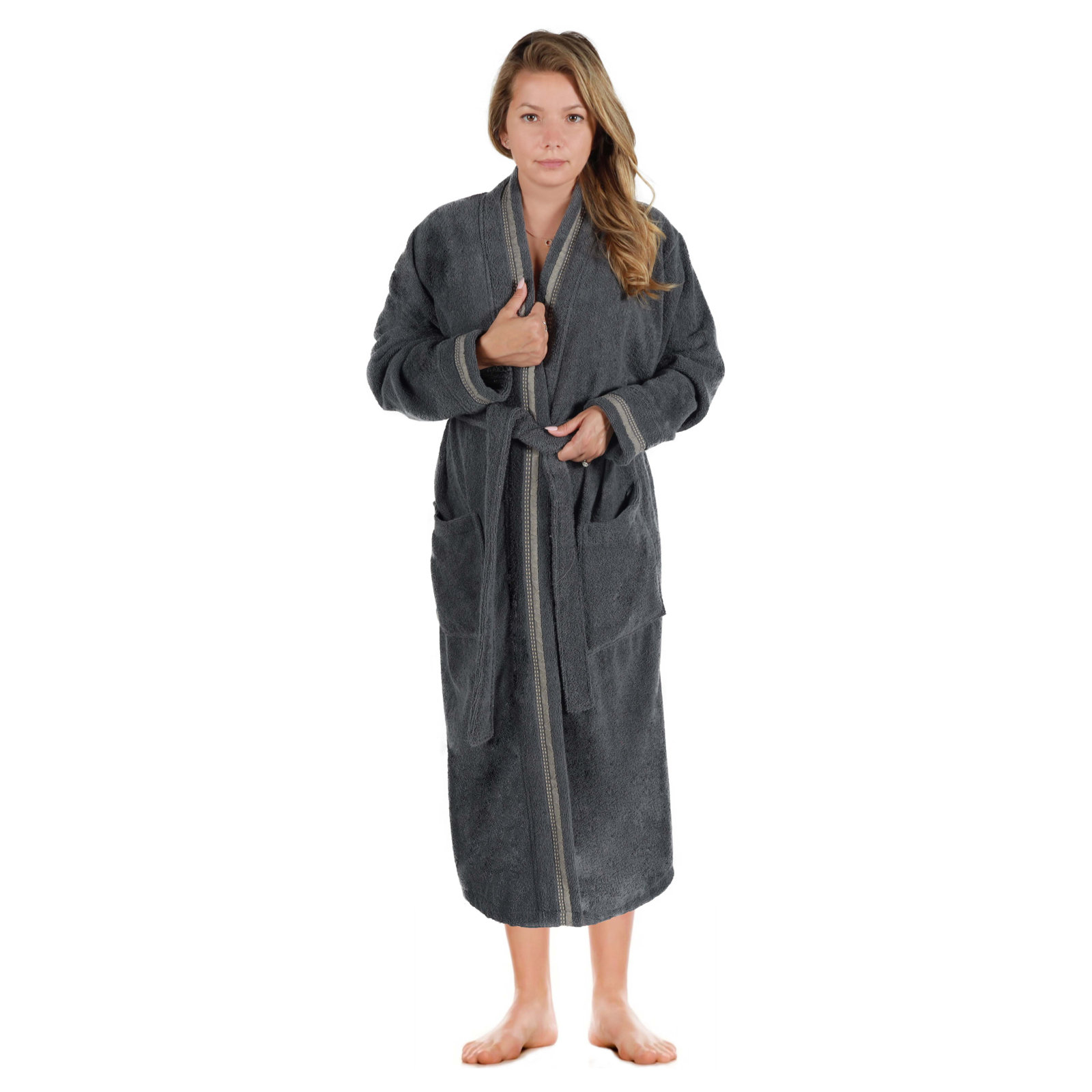 Lorelei Unisex Cotton Terry Kimono Bathrobe With Embroidery All-Season Robe By Haus & Home, S, Gray Stone