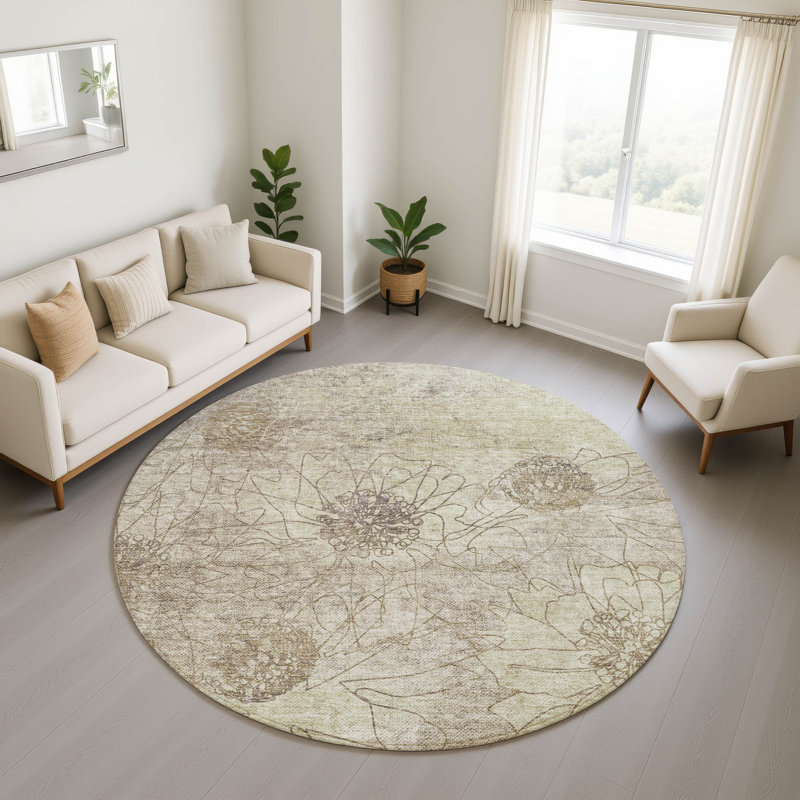 Premium Machine Washable Mayfield AMF2235 Floral Rug, 8' Round, Brown