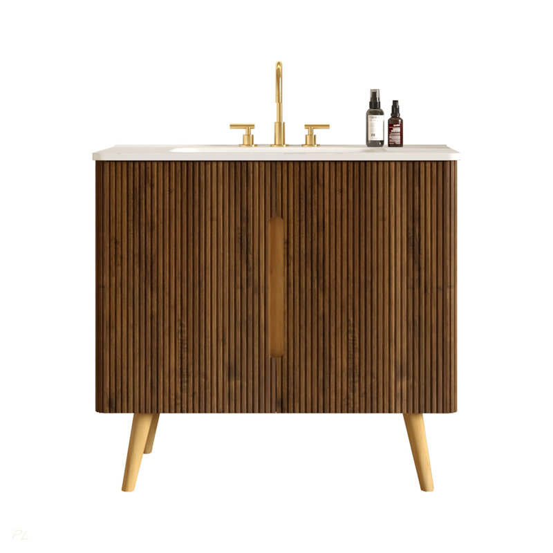 Meuble-lavabo 36 po en noyer rayé avec lavabo blanc de Carrare, 36", Carrara White, 8" Widespread
