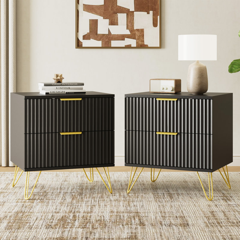 Fluted Nightstand With 2 Drawers, Black