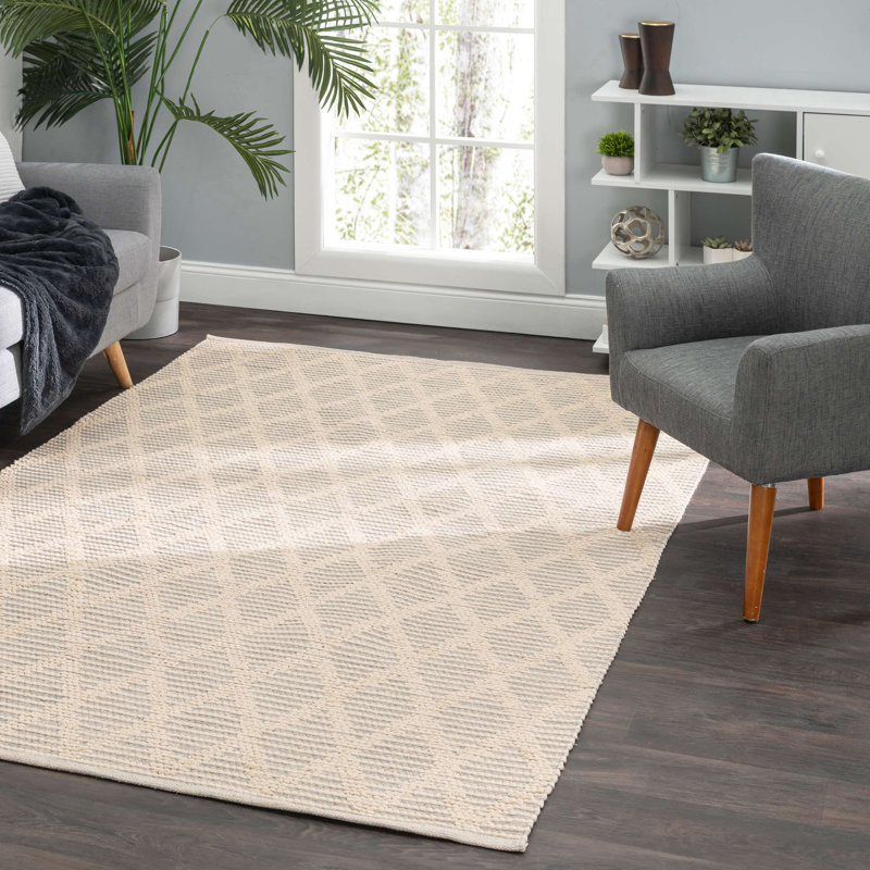 Tapis texturé en coton tissé à la main gris diamant / ivoire, Rectangle 4 pi x 6 pi
