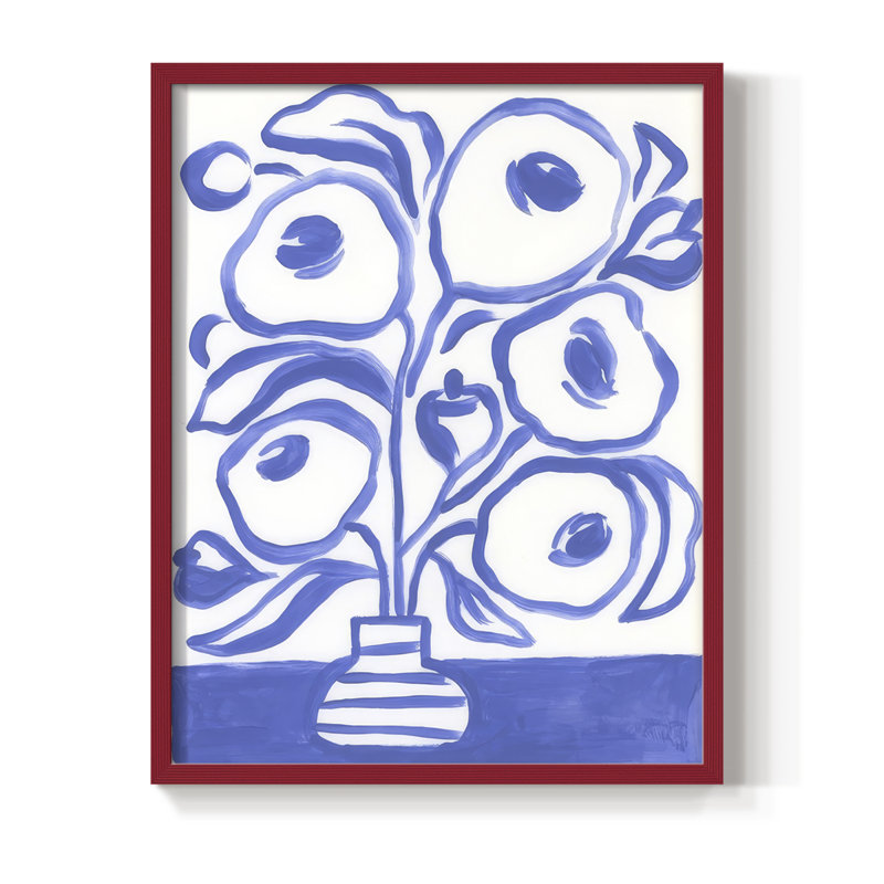 «Blue Brush Flowers II», reproduction encadrée - bois massif, H 30 po x l 24 po, Rouge