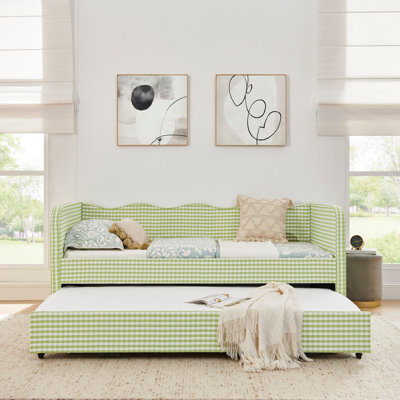 Gingham Upholstered 3‑in‑1 Versatile Convertible Sofa Bed with Pull‑Out Trundle & Side Storage Pockets