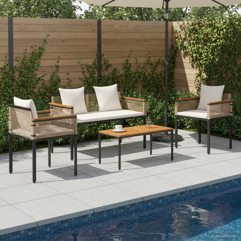  Outdoor Furniture Set With Cushion PE Rattan Seating Patio Arrangement, Cream White, Beige