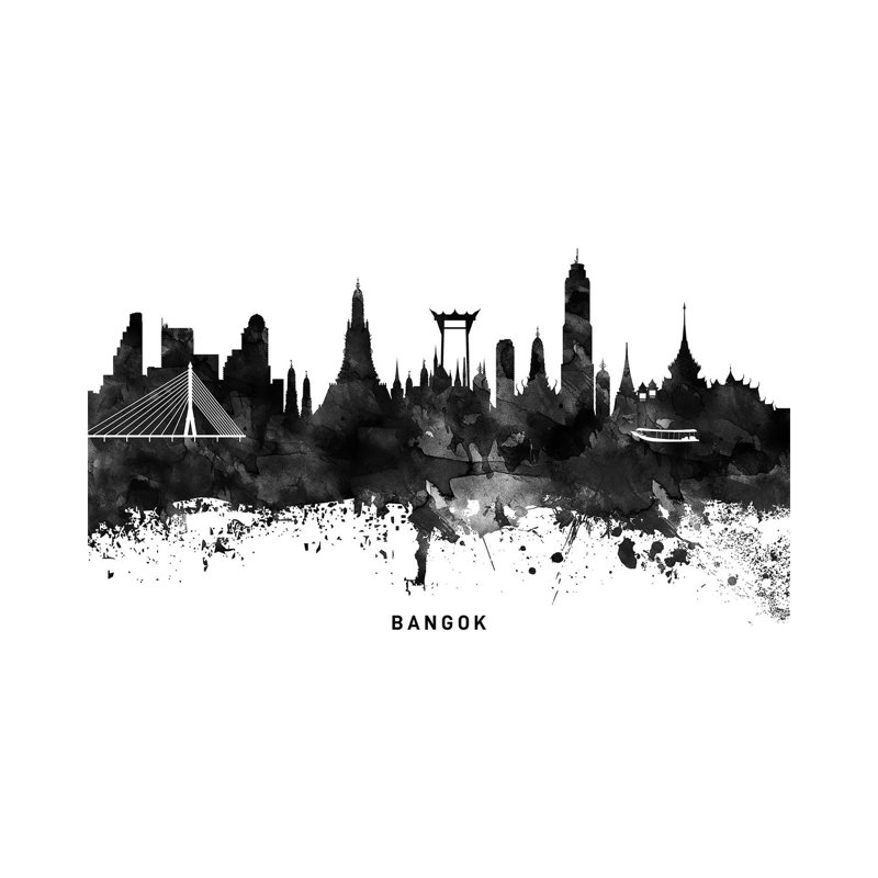 Bangkok Skyline Black & White by WallDecorAddict - Wrapped Canvas Painting, 66.04cm H x 101.6cm W
