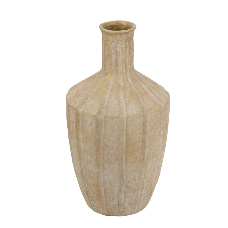 Vase en terre cuite 9 x 9 x 17 po avec motif strié or terreux