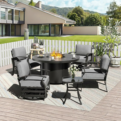 Outdoor Patio Aluminum 5-Piece Conversation Set Swivel&Glider Armchair With Round LP Fire Pit Table