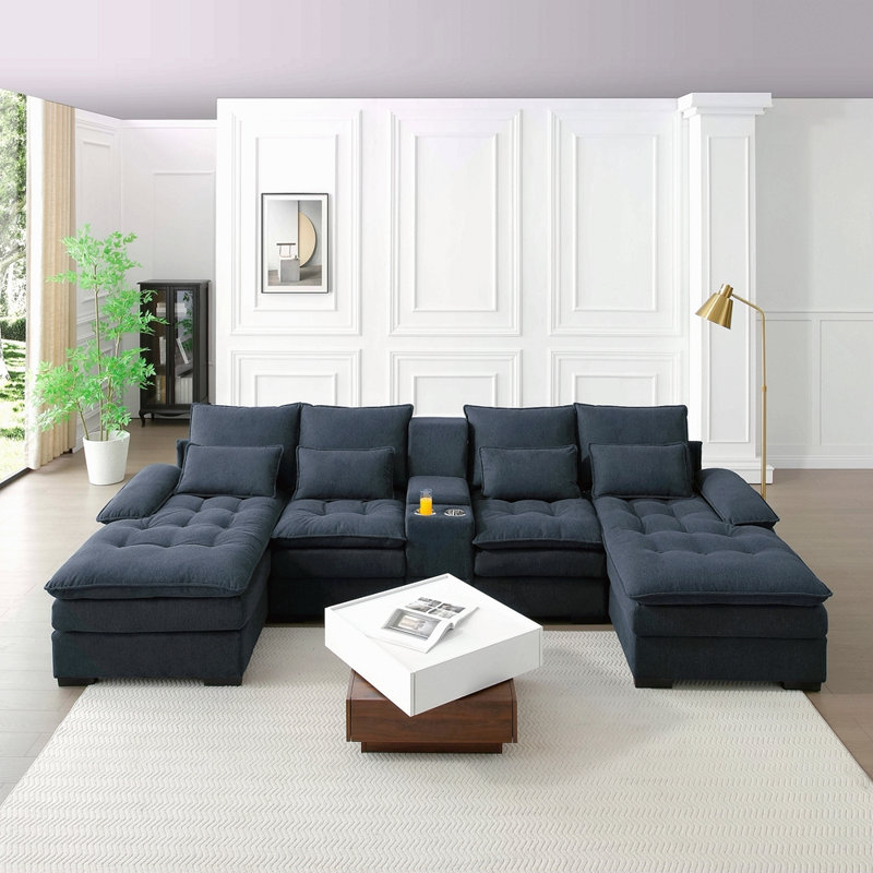 Canapé en forme de U de 130 po avec console, porte-gobelets, mobilier 6 places principal, ensemble de canapé-lit avec méridienne pour salon, appartement
