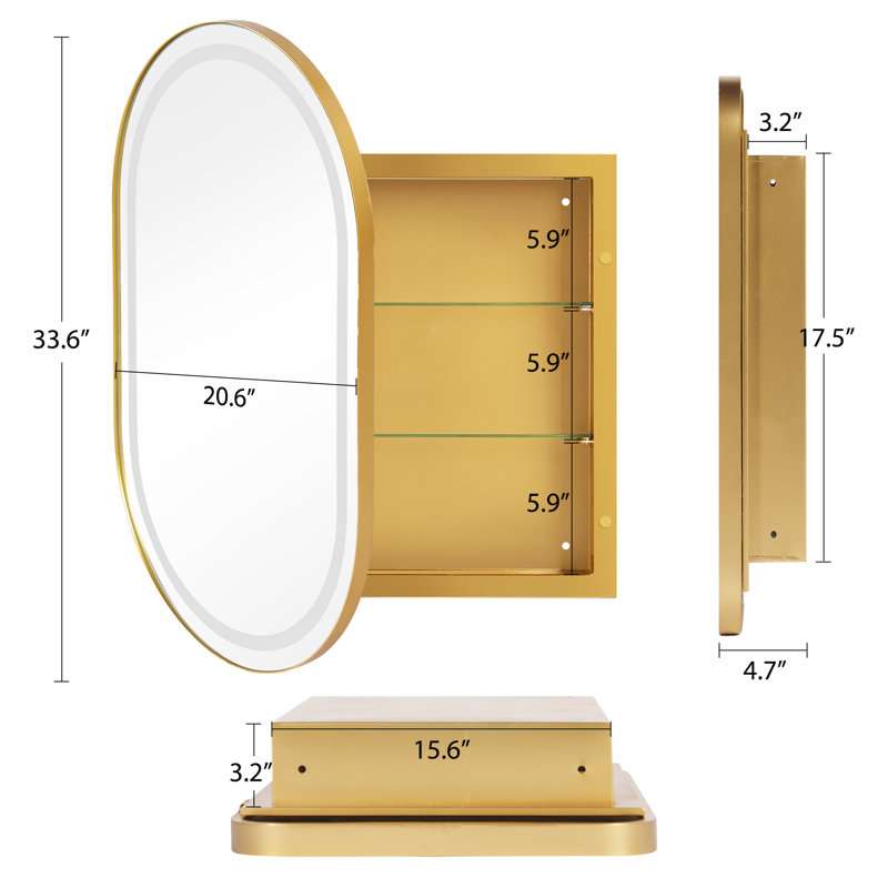 LED Lighted Oval Wall-Mounted Medicine Cabinet With Mirror Door And Interior Shelves, Gold