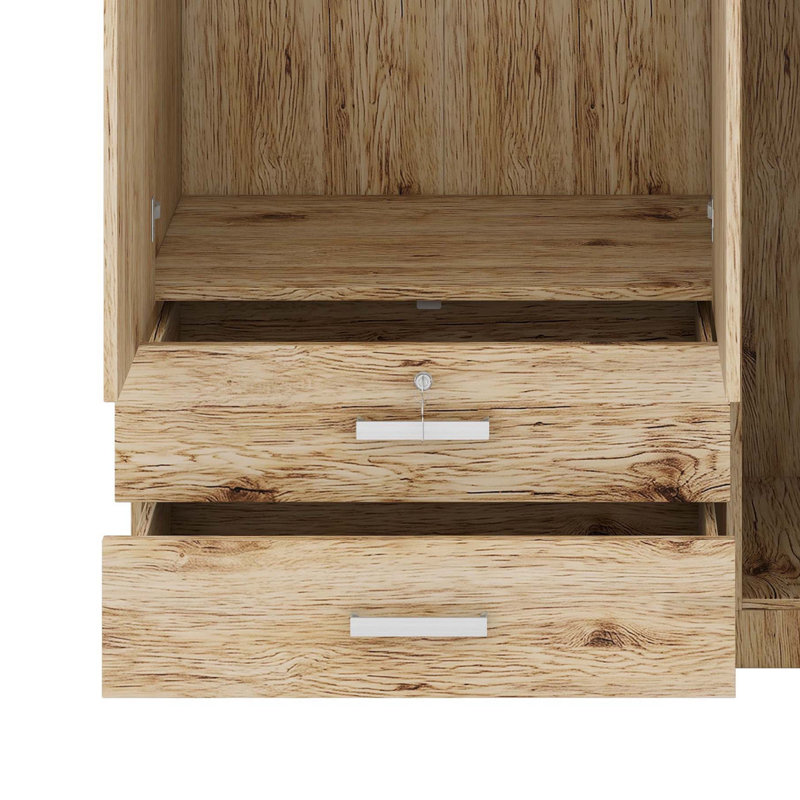 Armoire-penderie à 3 portes, 2 tiroirs et 2 tringles de suspension pour l'organisation du placard, Oak