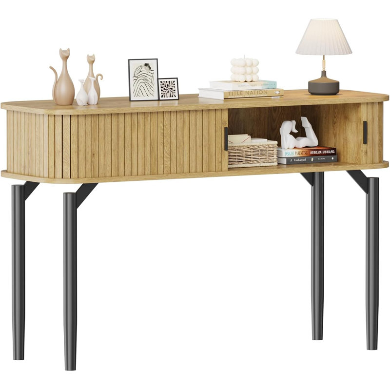 Fluted Console Table with Storage,Wood Sofa Table with Sliding Door,Entryway Table with Storage Space for Living Room
