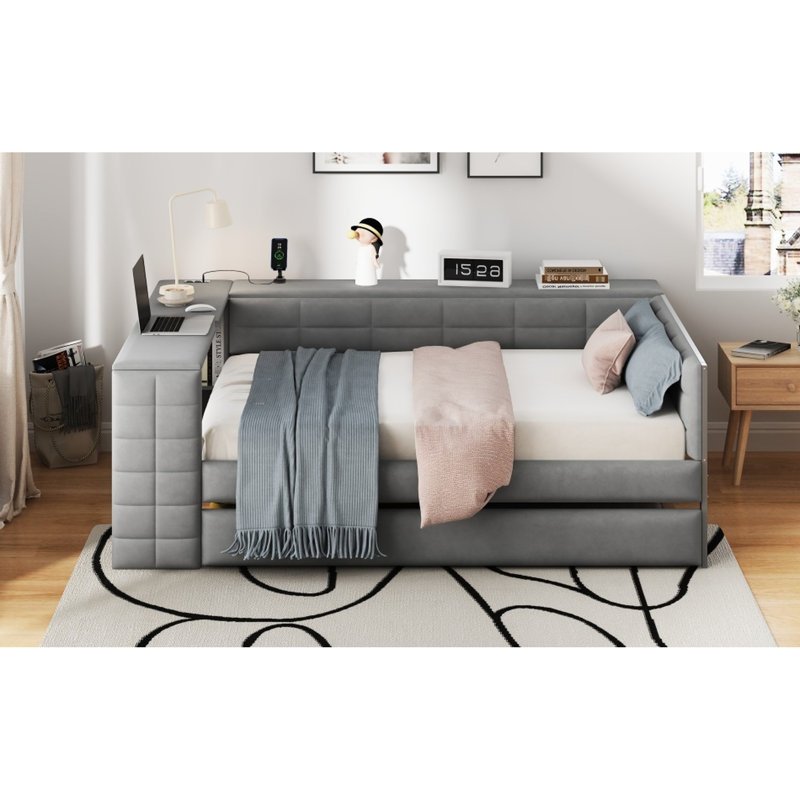 Lit plateforme tapissier avec tablettes de rangement, bureau, station de charge et lit gigogne, gris