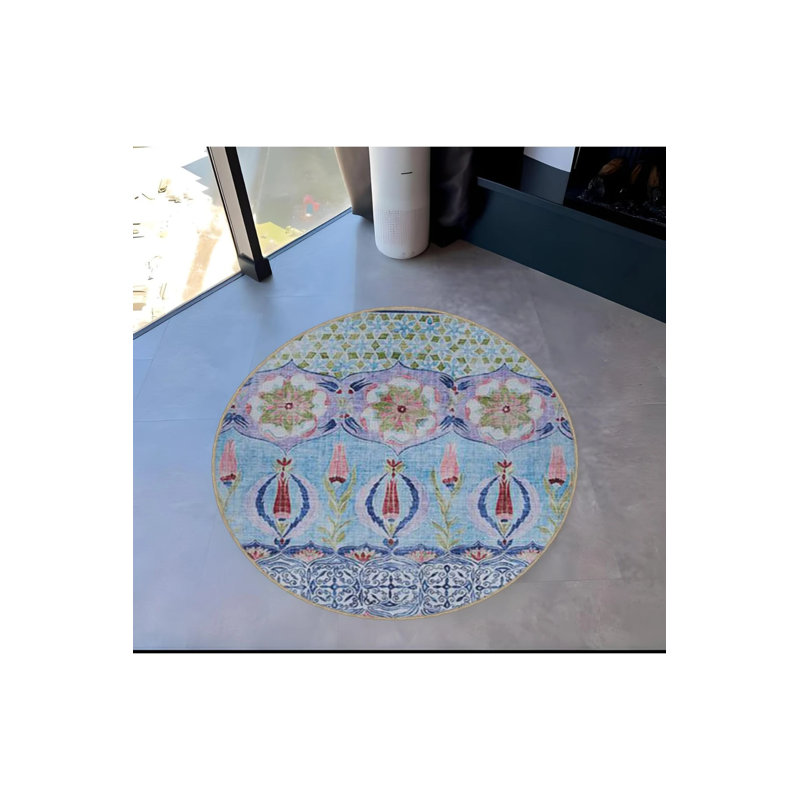 Tapis décoratif bleu à motif rond traditionnel, Rond 2 pi 8 po