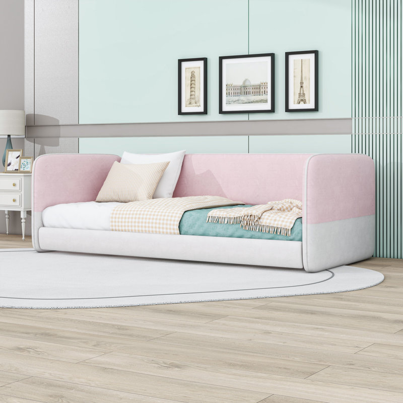 Lit simple tapissier sur pied avec accoudoirs, Pink