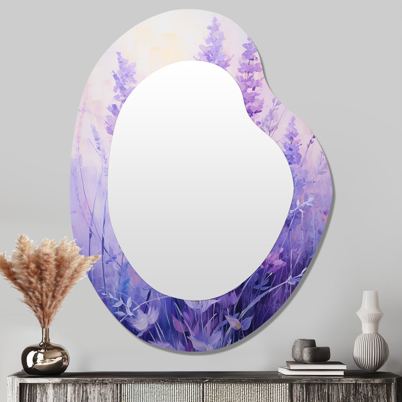 Lavande Serenity 4 - Herbes de forme irrégulière avec miroir unique, grand miroir mural asymétrique mauve, impression sur métal