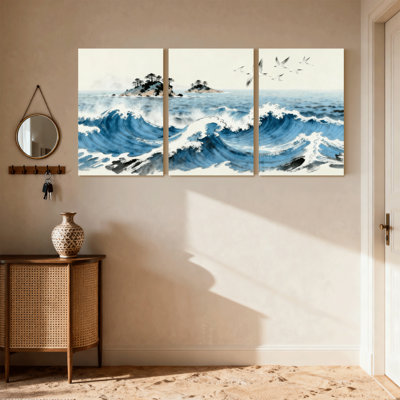 Nautique et plage, vagues océaniques, arbres, oiseaux, ciel, ensemble de 3 impressions sur toile