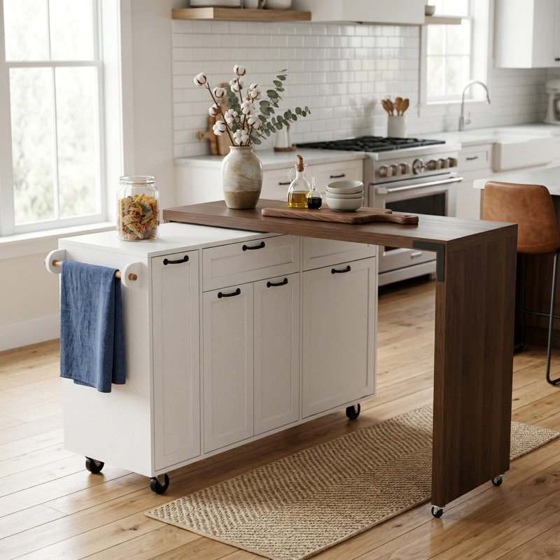 102.3" Wide Extendable Kitchen Island with Rolling Cart, Trash Storage Cabinet and 3-Tier Pull-Out Spice Rack, Mobile Dining Table for Kitchen, Dining Room, White