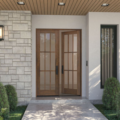 G109-SW-96 | 96" Double Door, RTA Prehung Exterior, SDL 9 Lite, Unfinished Mahogany Wood
