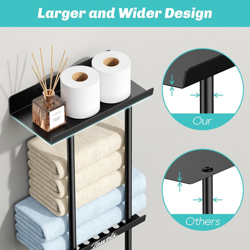 Porte-serviettes mural avec tablette - Conception à double couche peu encombrante pour serviettes roulées et de bain - Fabrication en métal robuste pour un décor de salle de bain moderne