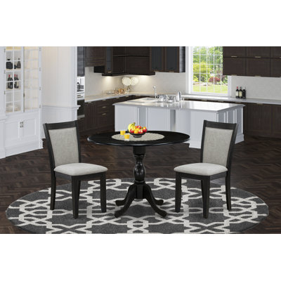 3 Piece Modern Dining Table Set Contains a Round Wooden Table with Dropleaf and 2 Shitake Linen Fabric Parsons Dining Chairs, Wirebrushed Black