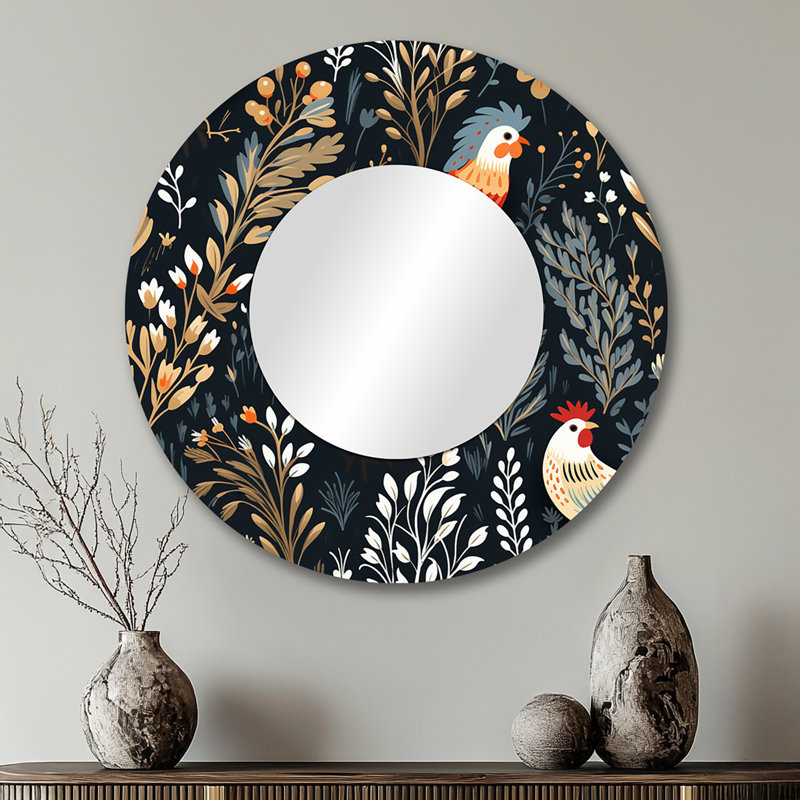 Country Charm Red  Rooster Pattern - marble  Decorative Mirror, Casual Wall Mirror, Printed Metal Art, 29" x 29", Round