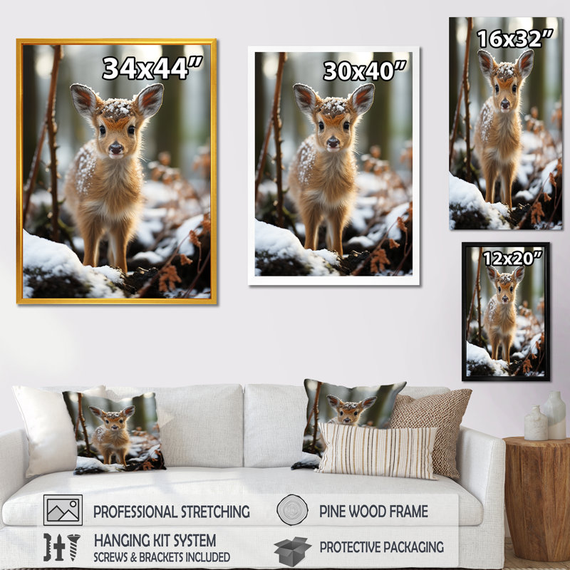Mignon bébé, portrait de cerf en hiver - art mural animal cerf, Cadre flottant noir, H 40 po x l 30 po