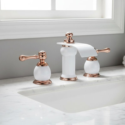 Modern Luxury Vanity Faucet (8" Centers)-Angelo White & Rose Gold 3-Hole Widespread Bathroom Faucet