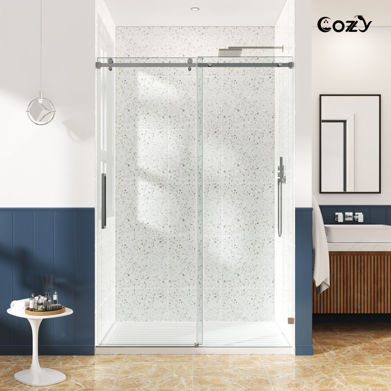 62-67" W X 79" H Frameless Single Sliding Shower Door with 3/8" (10mm) Clear Tempered Glass, Shatter-Resistant Film & Installation Hole Locator - Square Top Rail