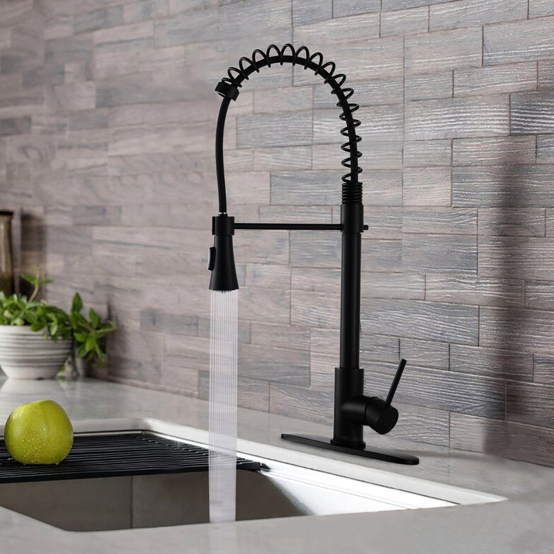 Commercial Kitchen Faucet Matte Black, Spring Pull Down, To Water Spots, 304 Stainless Steel, 360 Degree Swivel Modern Single Handle High Arc Down Function, 8.8" Spout Height, 1.4 - 1.5" Installation