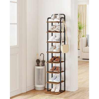 Vertical Shoe Rack, Shoe Shelves, Wood Shoe Organizer for Entryway, Shoe Tower for Small Spaces, Free Standing, Adjustable, with 2 Hooks