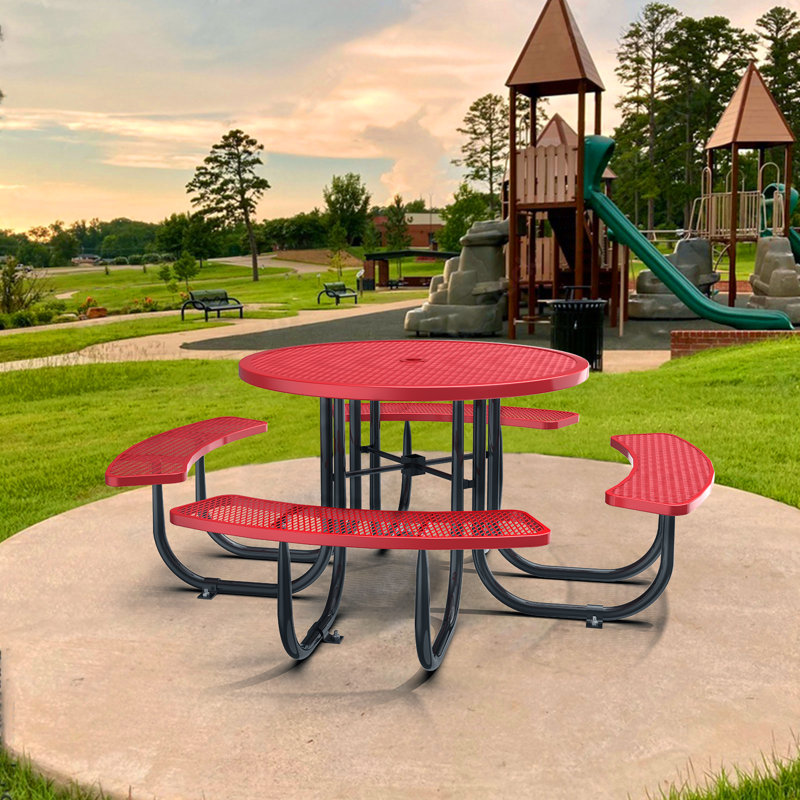 Klarrissa 8-Person 46" Round Metal Outdoor Picnic Table, Red
