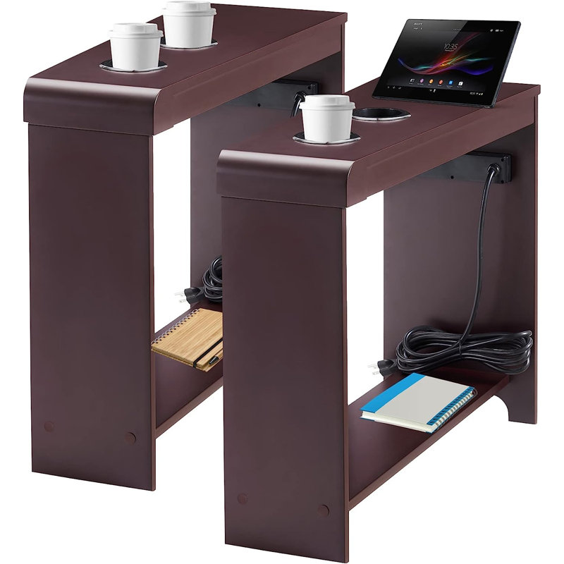 Keymia End Table with USB Ports & Outlets, Wooden Side Table for Bedrooms, Modern End Table, Cherry