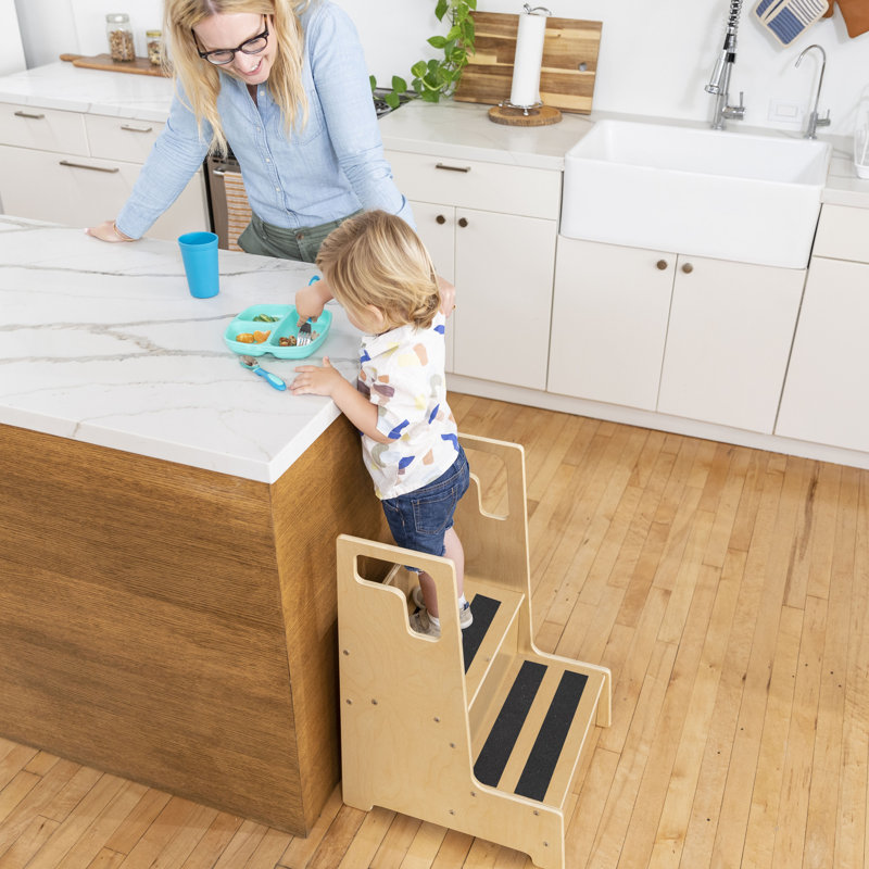 Natural Birch 2-Step Wooden Kids Step Stool with Handles