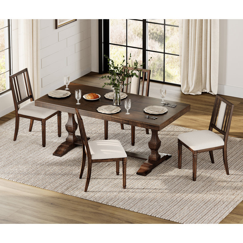 Ensemble de 4 chaises de cuisine rembourrées en tissu de lin, chaises de salle à manger traditionnelles en bois massif avec pieds décoratifs tournés, chaises latérales verticales à dossier en lattes avec panneau central rembourré pour salle à manger, salon, brun