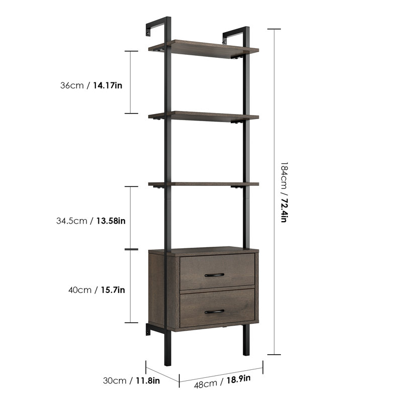 184cm H x 48cm W Iron Ladder Bookcase, Dark Brown/Black