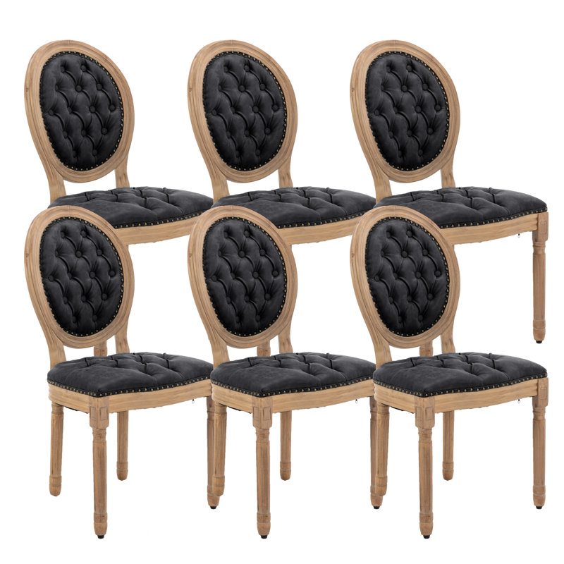 French Style Vintage Solid Wood Upholstered Dining Chairs (Set of 6), Black