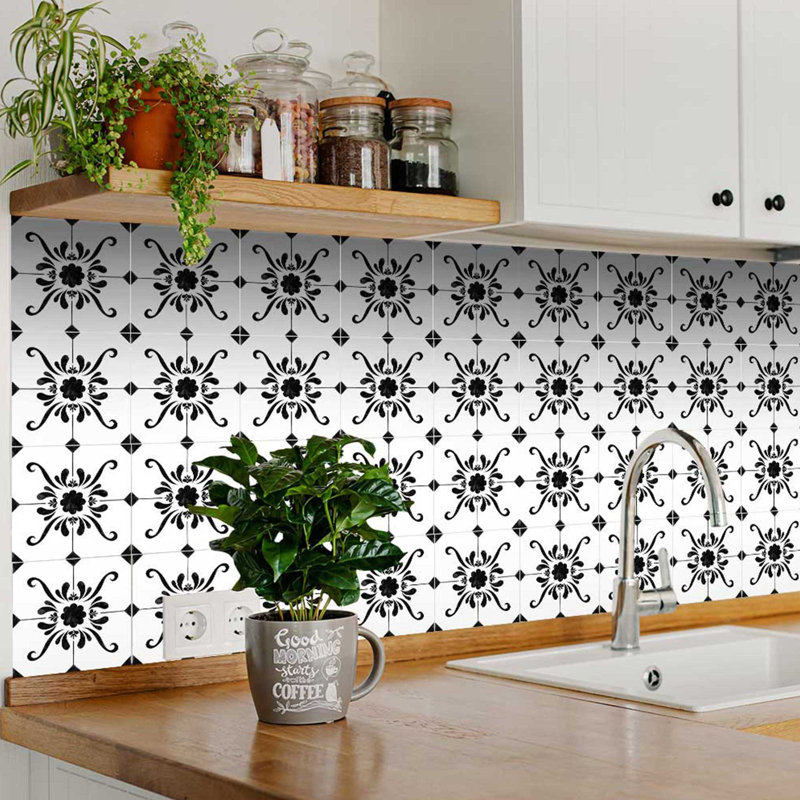Black and White Vinyl Arabesque Peel and Stick Mosaic Tiles, 12x12