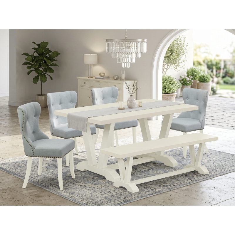 Ensemble de 6 tables de salle à manger modernes - 4 chaises de salle à manger en tissu de lin bleu bébé avec dossier capitonné - 1 table de cuisine et 1 banc de salle à manger en lin brossé blanc.