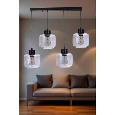 Élégant lustre en métal avec capuchon en verre, hauteur réglable, 15 po x 5,1 po | Finition grise et noire, plaque de base 25,6 po x 2,4 po x 1,2 po | 4 x culot E27 de 40 W maximum pour le salon et la salle à manger, ampoule non incluse