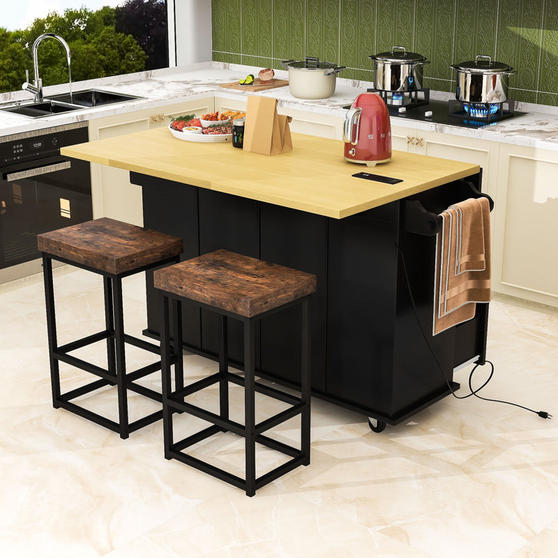 Nels 3-Piece Wooden Kitchen Island Set, Kitchen Island with Drop Leaf, Storage Cabinet and 2 Stools, Black