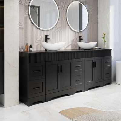 Akron 84" Double Sink Bathroom Vanity Set With Manufactured Wood Top, Vessel Sinks, Faucets And Drains, Water-resistant Paint