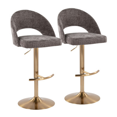 Ensemble de 2 tabourets pivotants réglables, base en métal doré avec siège en tissu gris foncé et repose-pieds rond en T