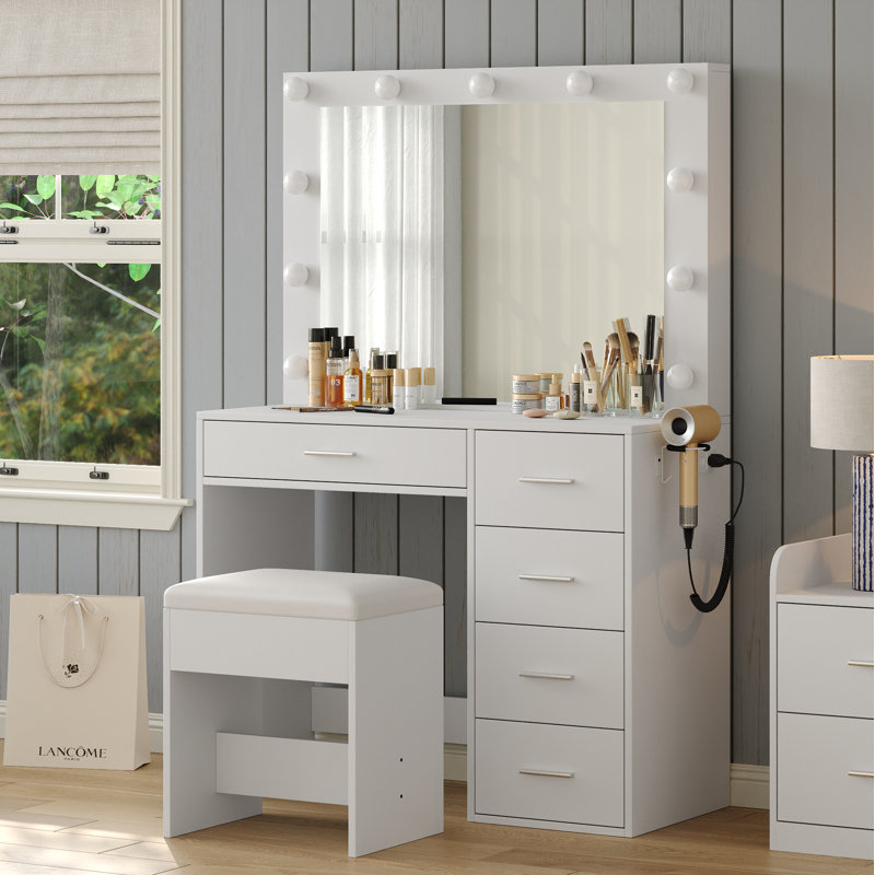 Vanity Desk with Power Outl,Makeup Table with Lighted Mirror, 3 Color Lighting Modes, Brightness Adjustable, Dressing Table with Drawers, Vanity Table Set for Women, Girls, White