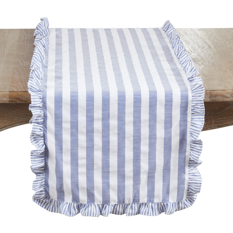 Striped Ruffle Edge Table Runner – Decorative Non-Reversible Cotton Blend Table Runner for Dining Table, 16"x72", Navy